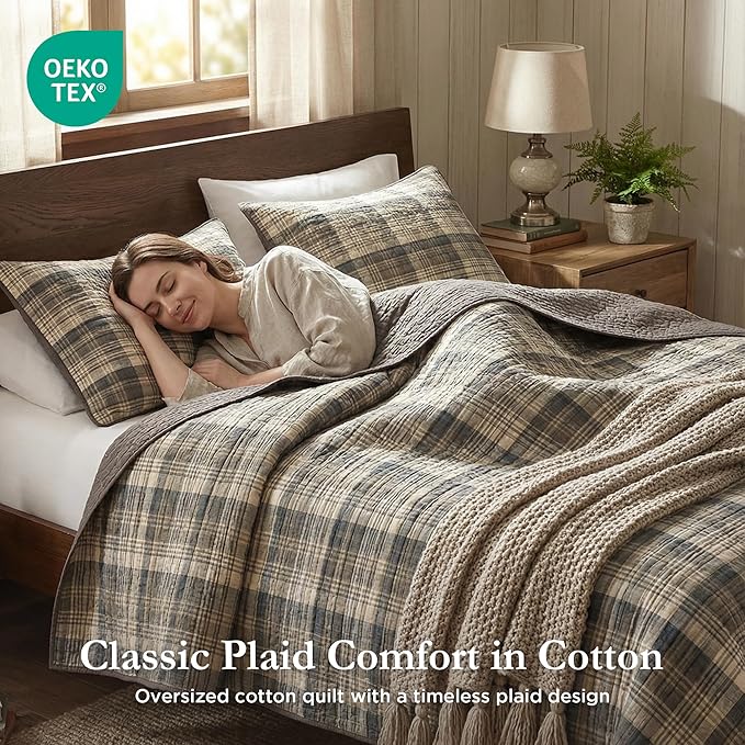 Woolrich Reversible Quilt Cabin Lifestyle Design - All Season, Breathable Coverlet Bedspread Bedding Set, Matching Shams, Oversized King/Cal King, Tasha Plaid Tan/Brown 3 Piece