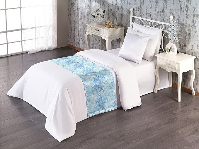 Lunarable Blue and White Bed Runner, Hibiscus Flowers Tropical Foliage Hand Drawn Monotone Design, Decorative Accent Bedding Scarf for Hotels Homes and Guestrooms, Twin, Cobalt Blue