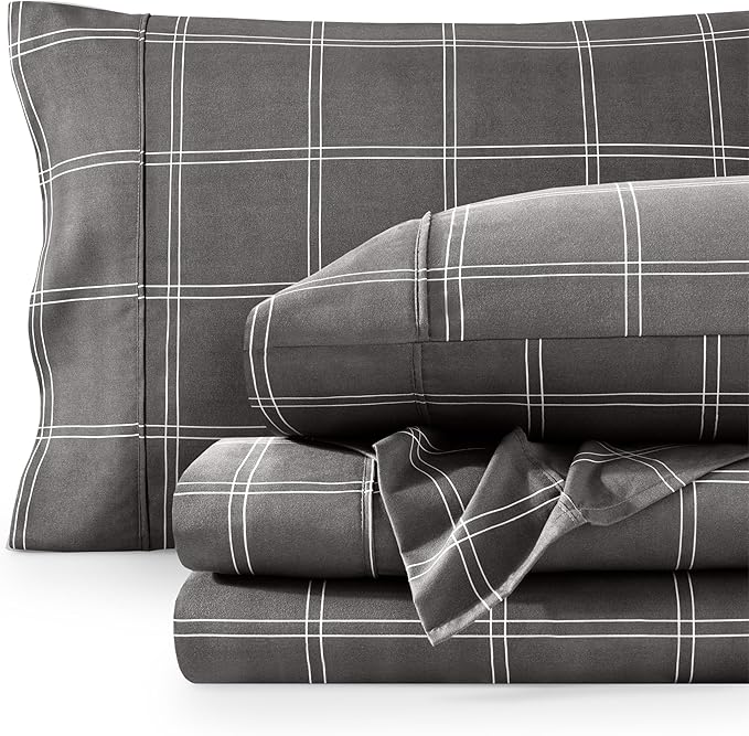 Bare Home California King Sheet Set - 1800 Ultra-Soft Microfiber Cal King Bed Sheets - Double Brushed - Deep Pockets - Easy Fit - 4 Piece Set (Cal King, Modern Plaid - Grey/White)