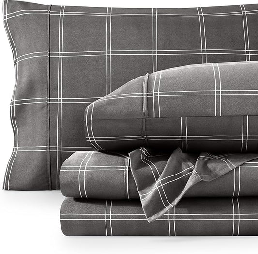 Bare Home Twin XL Sheet Set - College Dorm Size - 1800 Ultra-Soft Microfiber - Deep Pockets - Easy Fit - 3 Piece Set - Bed Sheets (Twin XL, Modern Plaid - Grey/White)