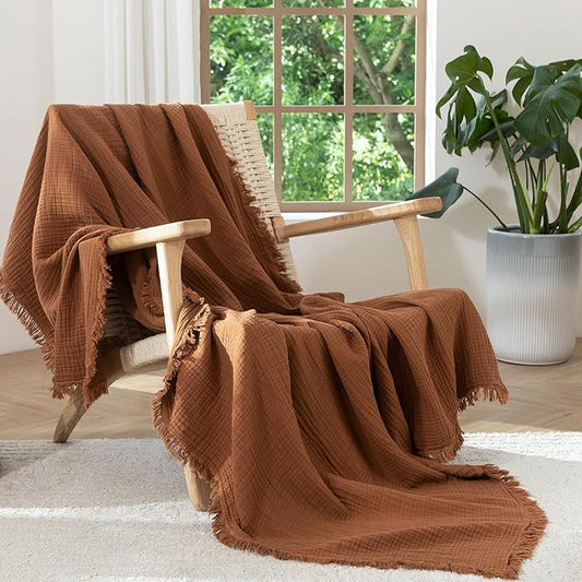 MooMee Muslin Blanket - 100% Cotton 4-Layer Gauze Throw Blanket with All-Around Fringe, Ultra-Soft Breathable Lightweight Cooling Decorative for Bed, Sofa & Couch (Drak Orange,Twin XL 66" x 90")