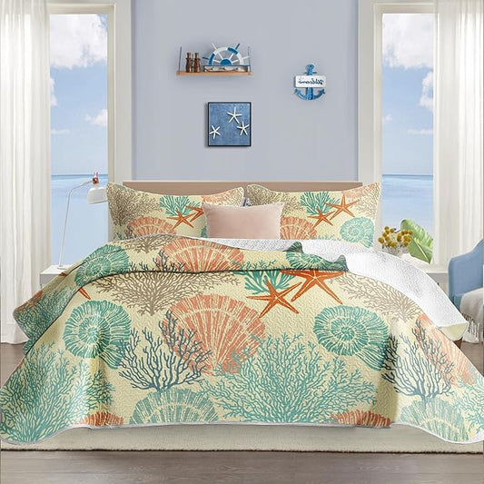Tritard 3 Piece Coastal Quilt Sets Full/Queen Size - Reversible Microfiber Quilts with 2 Shams Soft Lightweight Beach Bedding Nautical Bedspread Coverlet Summer Comforter for All Season, 90''x96'', C4