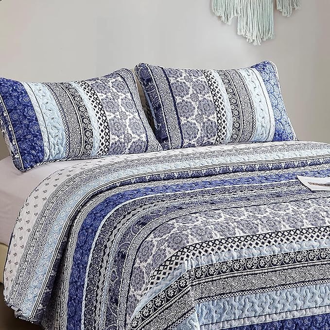 WONGS BEDDING Boho Quilt Set Full Size, Blue Bohemian 3 Pieces Quilt Sets, Lightweight Bedspread Coverlet Bedding Set for All Season (78"x90")