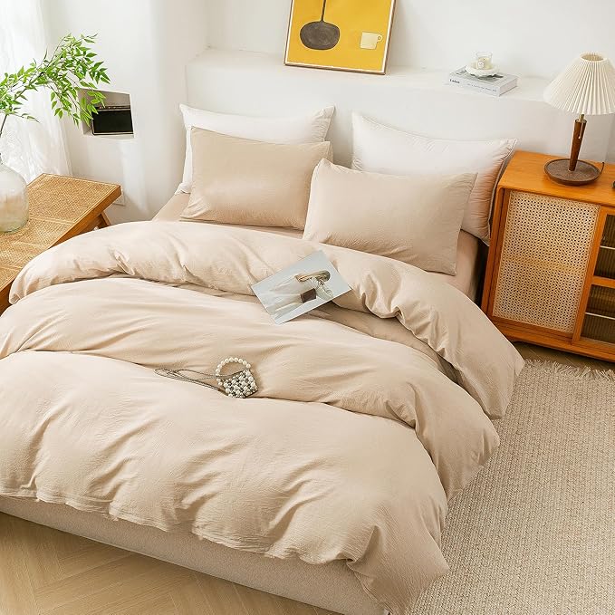 ECOCOTT Beige Duvet Cover Oversized King Size - 100% Washed Cotton Durable Soft Comfy Duvet Cover Set, 3 Pieces Duvet Cover with Zipper Closure (Khaki, 120"x 98")
