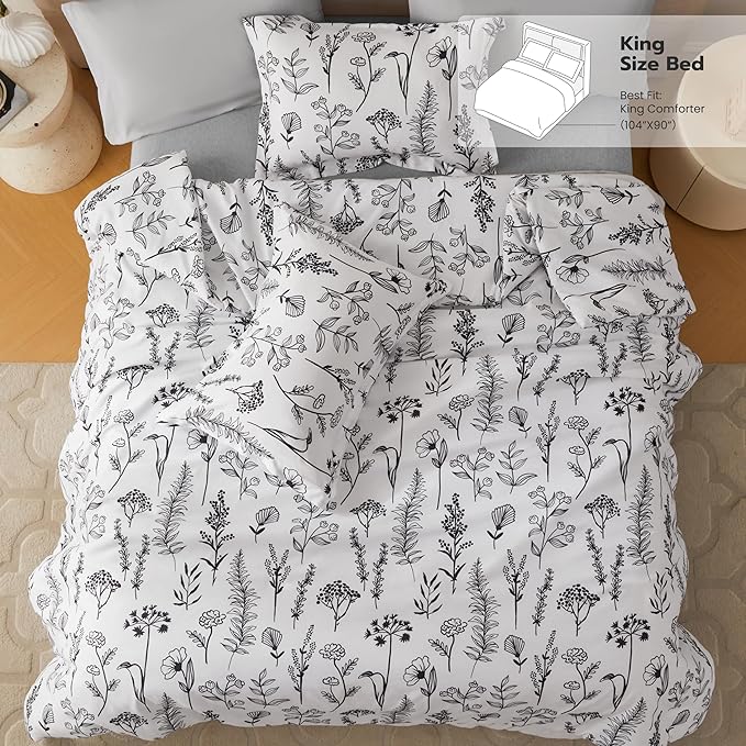 Joiedomi King Size Comforter Set White, 3 Pieces Floral King Bedding Set with 1 Soft Reversible Botanical Comforter and 2 Pillow Shams, Bed in a Bag for All Seasons