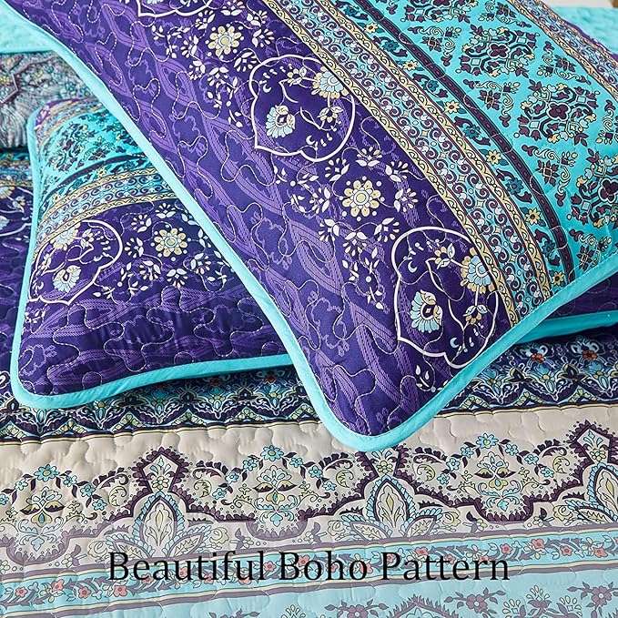 WONGS BEDDING Boho Quilt Set California King, Blue Purple Bohemian Striped Pattern Printed Quilt Coverlet, Lightweight Microfiber Bed Decor Bedspread for All Season 106"x96"(3 Pieces, Cal King)