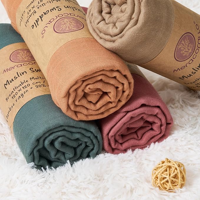 Meracorallo Muslin Swaddle Blanket, 4 Pack Neutral Swaddle Blankets, Silky Soft Receiving Blanket, Soild Color Swaddle Wrap for Baby Boys and Girls, 47 x 47 inches