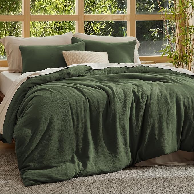 Bedsure Muslin Duvet Cover Queen Size - Cotton Blend Rayon Derived from Bamboo, Cooling Duvet Covet for Hot Sleepers - Ultra-Soft & Breathable Bedding Set for All Seasons(Olive Green, 90"x90")