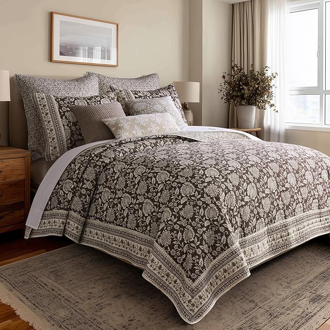 Levtex Home Adare Cocoa Reversible Full/Queen Quilt Set (88x92in) and 2 Pillow Shams (26x20in) - Floral Bedding - Brown Cream - Cotton Full/Queen Size Quilt Bedding Set - Lightweight, Soft, Pre-Washed