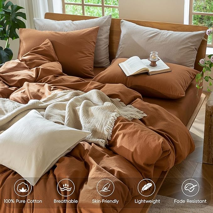 MooMee Bedding Duvet Cover Set 100% Washed Cotton Linen Like Textured Breathable Durable Soft Comfy (Solid Dark Orange, Super King Plus 120"x120")
