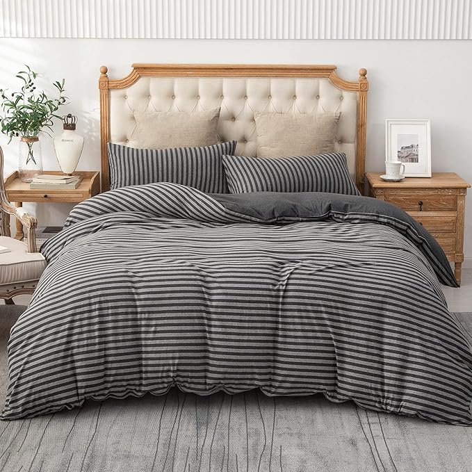 PURE ERA Jersey Knit Duvet Cover Set 100% T-Shirt Heather Cotton Super Soft Comfy Classic Striped Design, with Zipper Closure, Charcoal Dark Grey Stripe, Queen