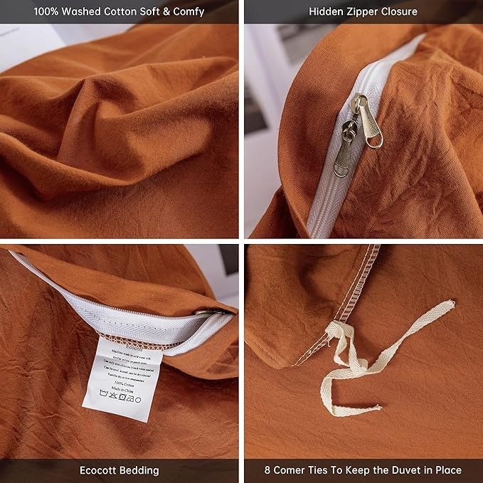 ECOCOTT 100% Washed Cotton Duvet Cover Full Size – Soft & Breathable Linen Feel Bedding Set, 3 Pieces Brown Comforter Cover with Zipper Closure for All Seasons