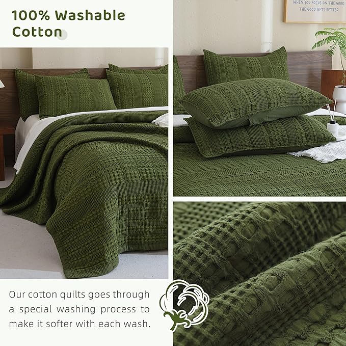 Sanracie Cotton Waffle Weave Quilt Set King Size(110"x98")-Olive Green Quilted Bedspread Sets,3Pcs Soft Boho King Quilt Bedding Set, Farmhouse Shabby Vintage Chic Bedding Quilt