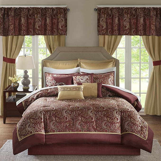 Madison Park Essentials Brystol 24 Piece Room in a Bag Faux Silk Comforter Jacquard Paisley Design Matching Curtains Down Alternative Hypoallergenic All Season Bedding-Set, Queen (90 in x 90 in), Red