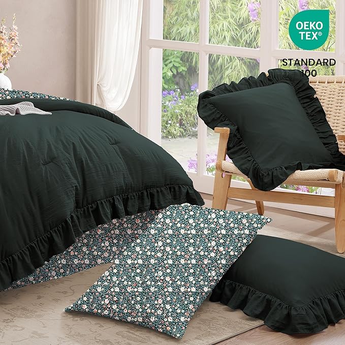 Twin XL Comforter Set - 5 Pieces Ruffle Forest Green Floral Bedding Sets, Shabby Chic Farmhouse Bed in a Bag with Ruffle Comforter, Floral Sheets, Pillowcase & Sham