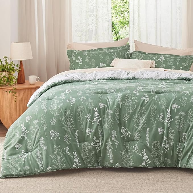 Bedsure Twin/Twin XL Comforter Set - Green Bed Set, 2 Pieces Cute Floral Bedding, 1 Soft Reversible Botanical Flowers Comforter and 1 Pillow Sham