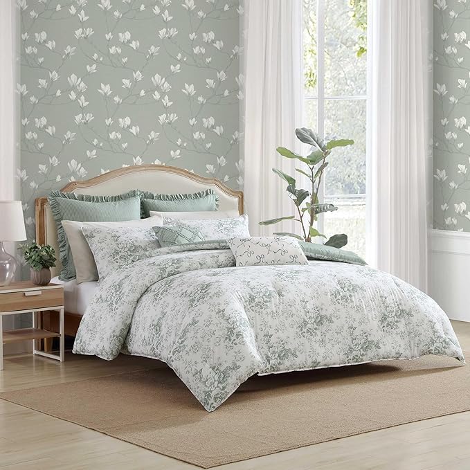 Laura Ashley - Twin Comforter Set, Premium Cotton Bedding with Matching Shams & Bonus Decorative Pillow Covers, Floral Home Decor, Oeko-Tex Certified (Toile Delight Green, Twin)