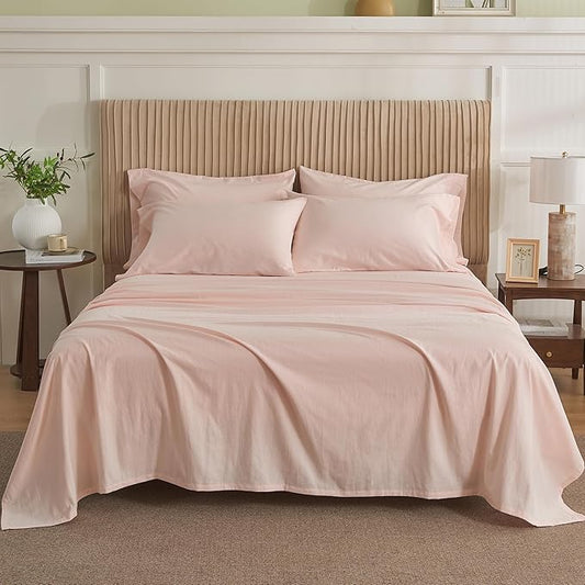Simple&Opulence Belgian Linen Sheet Set Solid Color - 6 Pieces (1 Flat Sheet & 1 Fitted Sheet & 4 Pillowcases) 16" Deep Pocket Natural Flax Cotton Blended Soft Bedding - Pale Pink, Queen Size