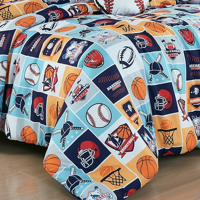 Chezmoi Collection 3-Piece Kids My Sports Bedding Comforter Set Twin Size - Soft Microfiber Navy Blue Gray Orange White Printed Basketball Baseball Football Soccer Sports for Kids/Teens