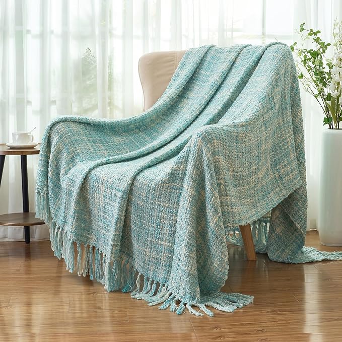 Multi-Color Turquoise Cable Knitted Throw Blanket for Couch,50"X60" Boho Style Textured Blankets for Home Decor,Super Soft Warm Cozy Chunky Knit Blanket with Decorative Tassels for Bed