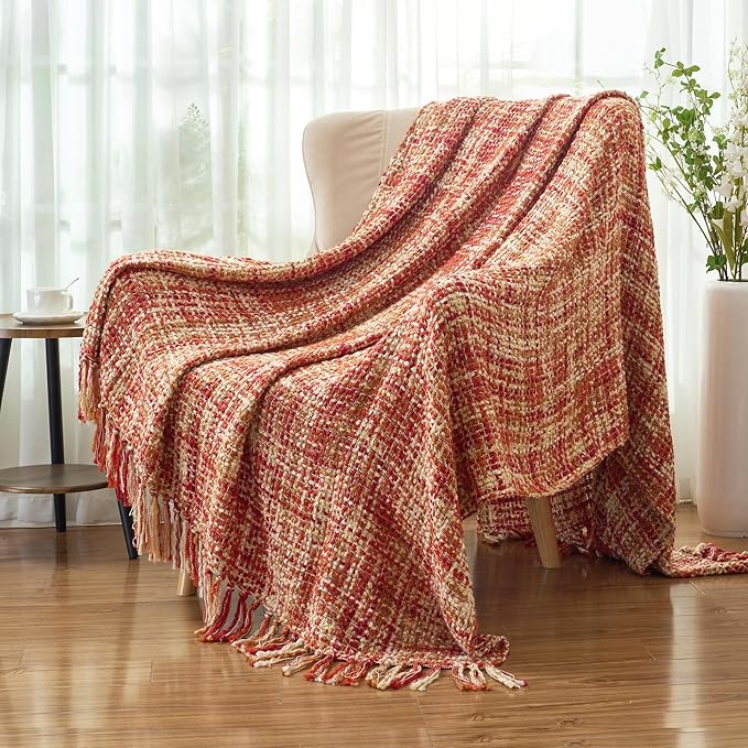 Multi-Color Dark Red Cable Knitted Throw Blanket for Couch,60"X80" Boho Style Textured Blankets for Home Decor,Super Soft Warm Cozy Chunky Knit Blanket with Decorative Tassels for Bed