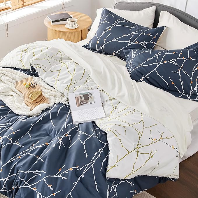 Bedsure King Comforter Sets - 7 Pieces Floral Navy Blue Bed Set, Tree Branch Pattern Printed Bed in a Bag King with Comforter, Sheets, Pillowcases & Shams