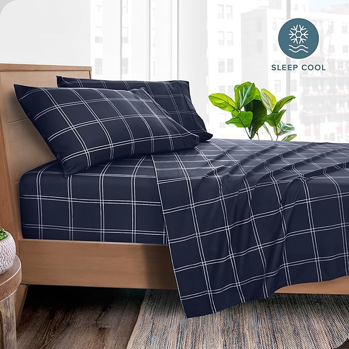 Bare Home King Sheet Set - Luxury 1800 Ultra-Soft Microfiber Double Brushed - Deep Pockets - Easy Fit - 4 Piece Set (King, Modern Plaid - Midnight/White)