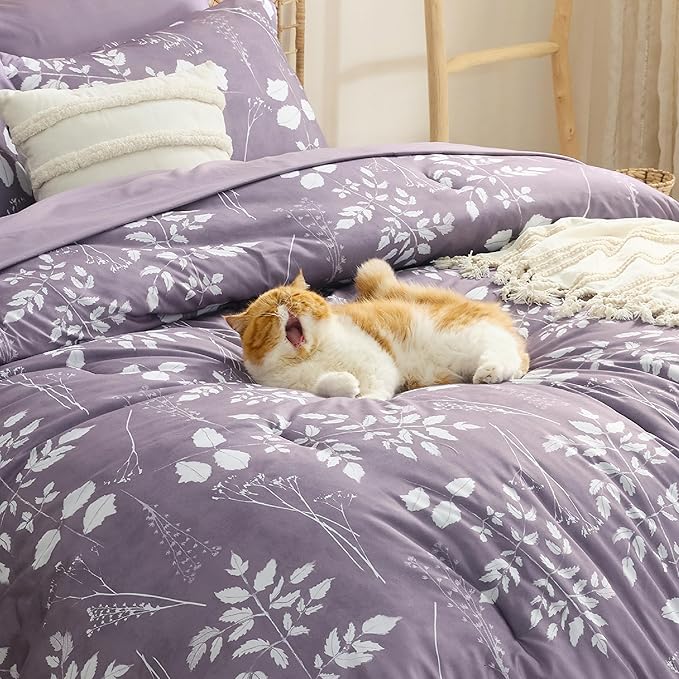 Bedsure Grayish Purple Queen Comforter Set - 7 Pieces Floral Bedding Sets Queen Bed in a Bag with Reversible Botanical Flowers Comforter, Sheets, Pillowcases & Shams