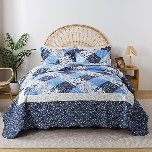 HoneiLife Quilt Set Queen Size - 3 Piece Microfiber Quilts Reversible Bedspreads Patchwork Coverlets Floral Bedding Set All Season Quilts with Blue and White Porcelain Pattern,Queen Size