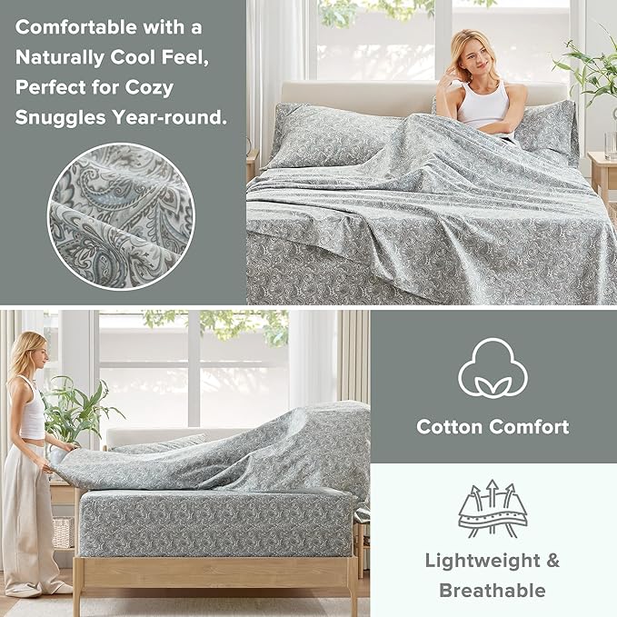 Comfort Spaces Extra Deep Pocket, 100% Cotton Queen Fits up to 24" Mattress, Breathable, Naturally Cool Cotton, Soft Cotton Sheets, All Seasons Sheet Set, Paisley 4 Piece