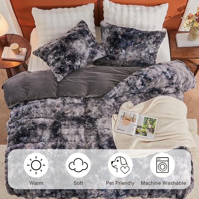 EMME Faux Fur Duvet Cover Queen Size, 3 Pieces Ultra Soft Fluffy Comforter Cover, Cozy Warm for Winter, Luxury Shaggy Bubble Design Bedding, 1 Duvet Cover & 2 Pillow Shams (Queen, Tie Dye Dark Grey)