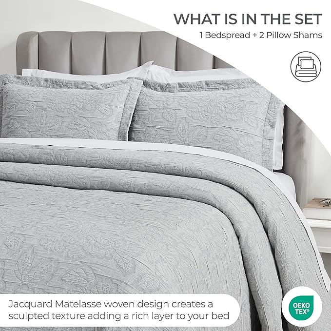 Superior 3 Piece Cotton Bedspread Set, Home Bed Decor, Decorative Bed Spread, 2 Pillow Shams, Medium Weight Blanket, Matelasse Coverlet, Bedding Essentials, Hibiscus Collection, Full, Grey