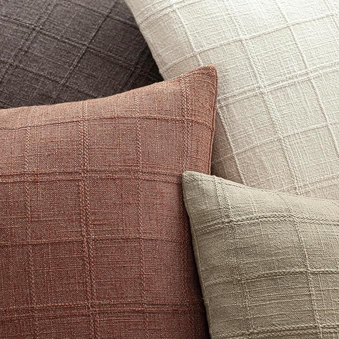 Foindtower Set of 2 Decorative Linen Check Throw Pillow Covers Neutral Farmhouse Vintage Cushion Covers Cozy Modern Boho Home Decor for Sofa Chair Couch Bedroom Living Room,14×36 Inch,Autumnal Red
