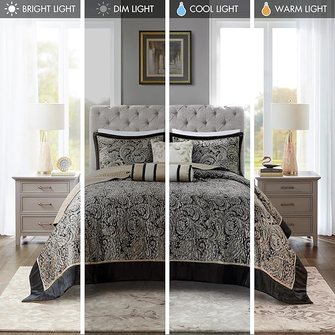 Madison Park Aubrey Reversible Quilted Bedspread Set, Solid Reverse Summer Breathable, Lightweight All Season Bedding Layer, Matching Shams, Bedspread Queen(102"x118"), Black 5 Piece