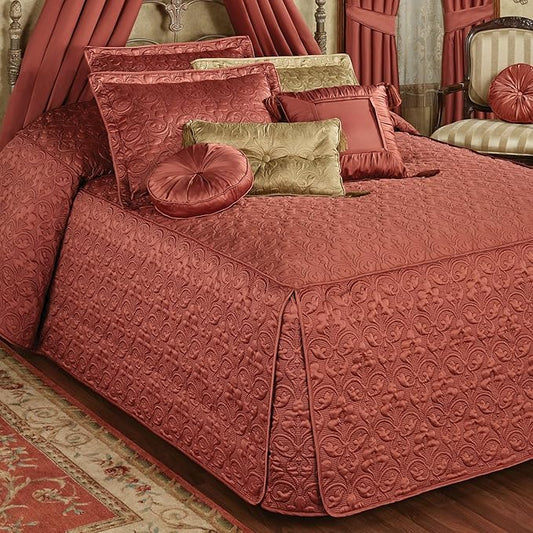 Cambridge Classic Luxury Bedding | Warm Cinnabar Solid Color Polyester Satin | Elaborate Damask Quilting | 6 Pc Bed Set Includes Fitted Oversized King Bedspread, 2 King Shams, & 3 Decorative Pillows