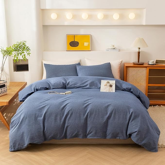 ECOCOTT Denim Blue Duvet Cover Queen Size, 100% Washed Cotton 1 Duvet Cover with Zipper and 2 Pillowcases, Ultra Soft and Easy Care Breathable Cozy Bedding Set (Denim Blue, Queen)