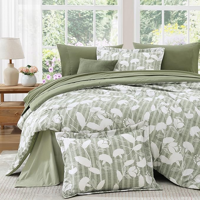 Twin XL Comforter Set -5 Pieces Floral Sage Green Bedding Set for All Seasons, Bed in a Bag with Botanical Flowers Comforter, Sheets, Pillowcase & Sham