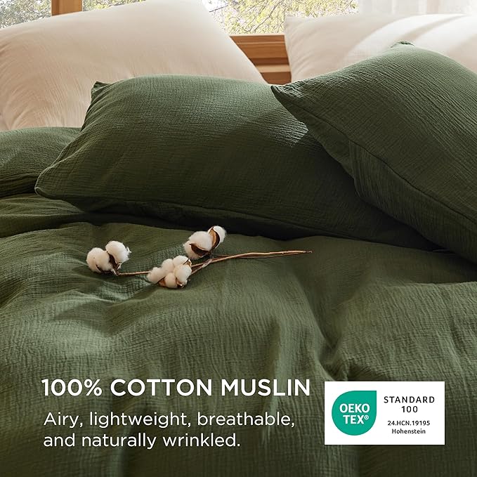 Bedsure 100% Muslin Cotton Duvet Cover Queen Size - Ultra-Soft, Breathable & Lightweight - Linen Like Gauze Comforter Cover Set with Button Closure and Corner Ties (Olive Green, Queen, 90"x90")
