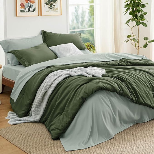 Bedsure Queen Comforter Set - 7 Pieces Olive Green Queen Bedding Set for All Seasons, Boho Contrasting Design Bed in a Bag with Comforter, Sheets, Pillowcases & Shams