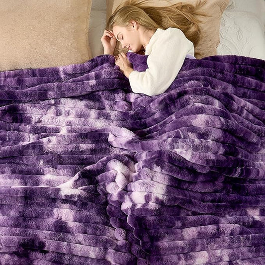 Cozy Bliss Faux Fur Throw Blanket for Couch, Cozy Warm Plush Striped Blanket for Sofa Bedroom Living Room, 90 * 90 Inches Tie-dye Purple