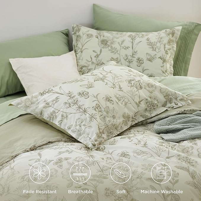 Bedsure Duvet Cover Queen Size - 100% Cotton Reversible Floral Queen Duvet Cover Set with Zipper Closure, 3 Pieces Soft & Breathable Botanical Green Bedding Set with 2 Pillow Shams 20"x26"
