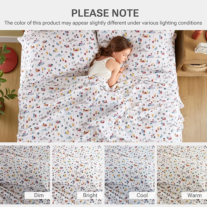 Sleep Philosophy True North 100% Cotton Flannel Sheets Twin XL Size, Cozy Flannel Sheet Set Brushed for Extra Softness, Heavyweight Novelty Print Warm Flannel Bedding Set, White Village Print 3 Piece