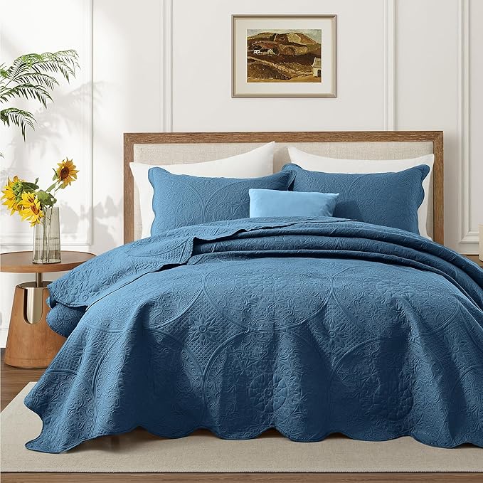 IR Imperial Rooms California King Quilt Bedding Set Size (118"x106") + 2 Pillow Shams (20" x 36"+ 2") - 3 Pcs All Season Reversible Microfiber Coverlet Embossed Floral Quilt Bedspread (Light Blue)
