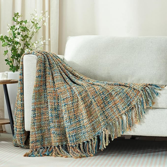 Multi-Color Gold Green Cable Knitted Throw Blanket for Couch,60"X80" Boho Style Textured Blankets for Home Decor,Super Soft Warm Cozy Chunky Knit Blanket with Decorative Tassels for Bed