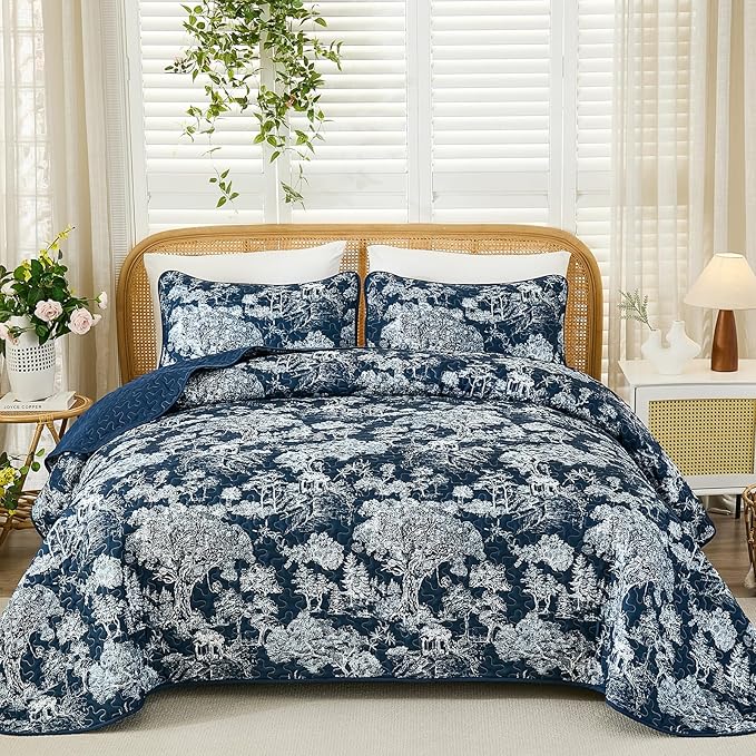 WONGS BEDDING Quilt Set King Size, 3 Pieces Navy Blue Botanical Floral Printed Bedspread Coverlet Set Soft Lightweight Toile Plants Bedding Set for All Season (104"x90")