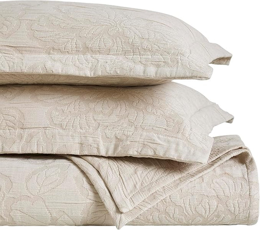 Superior 3 Piece Cotton Bedspread Set, Home Decor, Decorative Bed Spread, 2 Pillow Shams, Medium Weight Blanket, Matelasse Coverlet, Bedding Essentials, Hibiscus Collection, California King, Beige