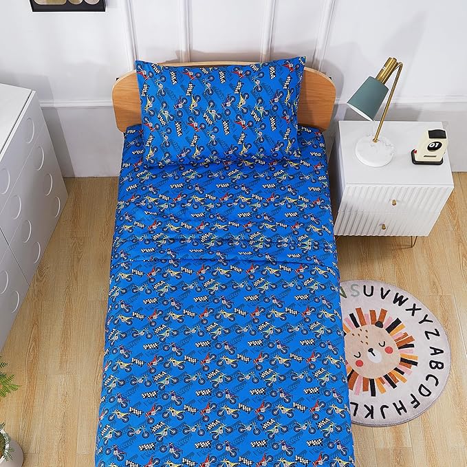 Kids Sheet Set Twin Size, Twin Sheet Set with Motorcycle Pattern，Breathable Silky Soft Microfiber Kids Fitted Sheet