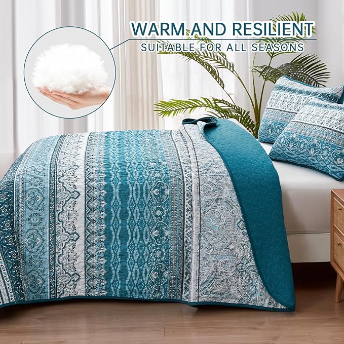 WONGS BEDDING Boho King Quilt Set, Teal and Blue Bohemian Quilt Bedding Set, Lightweight Bed Decor Bedspread for All Season Reversible Microfiber Coverlet Bedding Set 103"x90"(3 Pieces)
