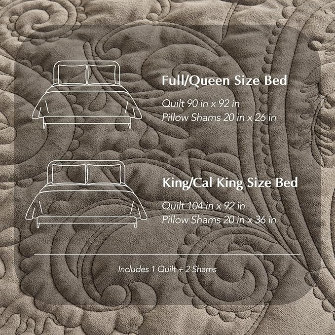 EverGrace Luxury Pearl Velvet Quilt Set Queen Size 3 Pieces, Soft Paisley-Stitch Velvet Comforter Set with Pillow Shams, Lightweight Bedspread Coverlet Bedding Set, Stone Taupe
