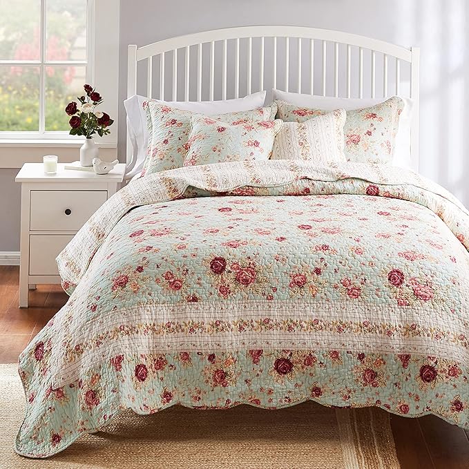 Greenland Home Antique Rose 100% Cotton Heirloom-Quality Quilt Set, 5-Piece Full/Queen, Blue